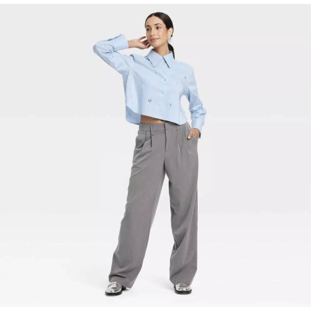 A New Day Women's Baby Blue Collar Cropped Rhinestones size M NWT - Picture 2 of 5